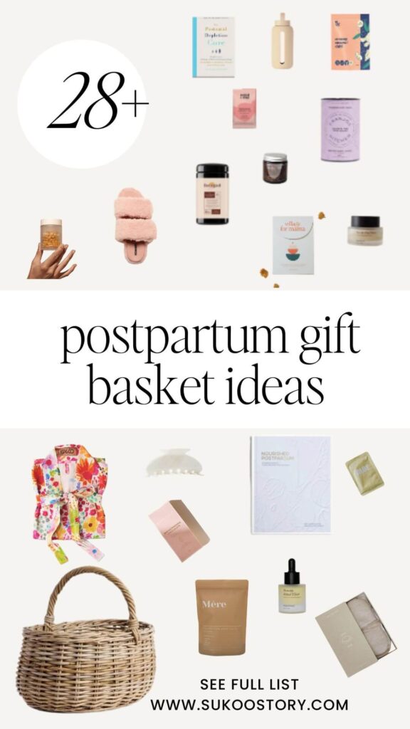 Image featuring a lot of postpartum gifts with the text overlay "postpartum gift basket ideas"